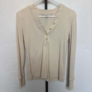 LOFT Ivory Ribbed V-Neck Henley Long Sleeve Top Size Small